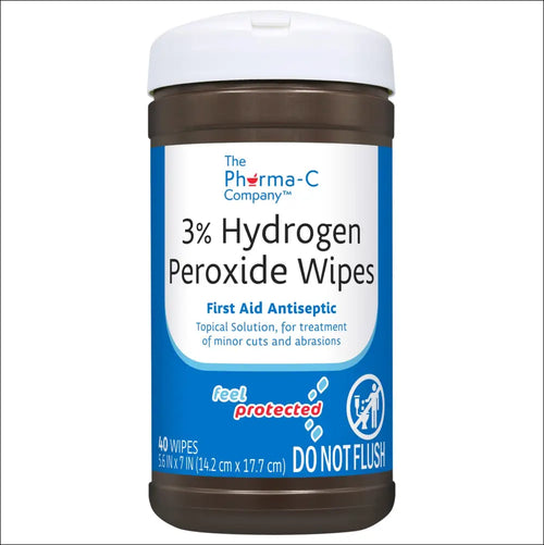 Brown plastic container with white lid and blue label from the pharma-c company for 3% hydrogen peroxide low lint sheets 40 count