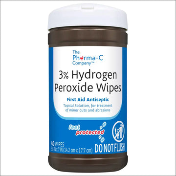Brown plastic container with white lid and blue label featuring the pharma-c company for 3 hydrogen peroxide low lint sheets 40 count