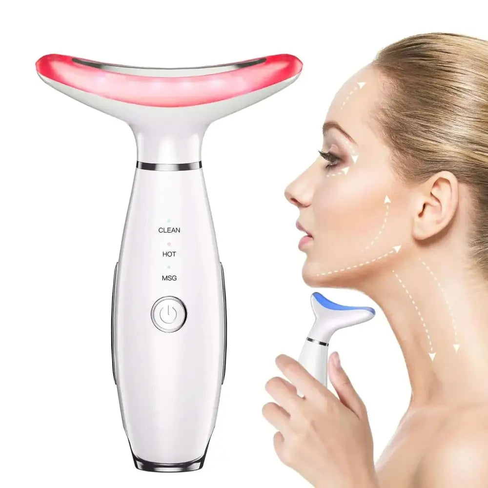 White and pink led 3 in 1 neck face beauty device with silver accents and multiple massage modes face massager