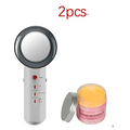 Silver handheld 3-in-1 ultrasonic massage device with ultrasonic vibration technology and pink jar of yellow gel to reduce fine lines