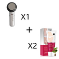 White handheld 3-in-1 ultrasonic massage device with black circular head and silver accents uses ultrasonic vibration technology to reduce fine lines