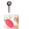 Pink and white 3-in-1 ultrasonic massage beauty instrument with textured rounded head using ultrasonic vibration technology to reduce fine lines