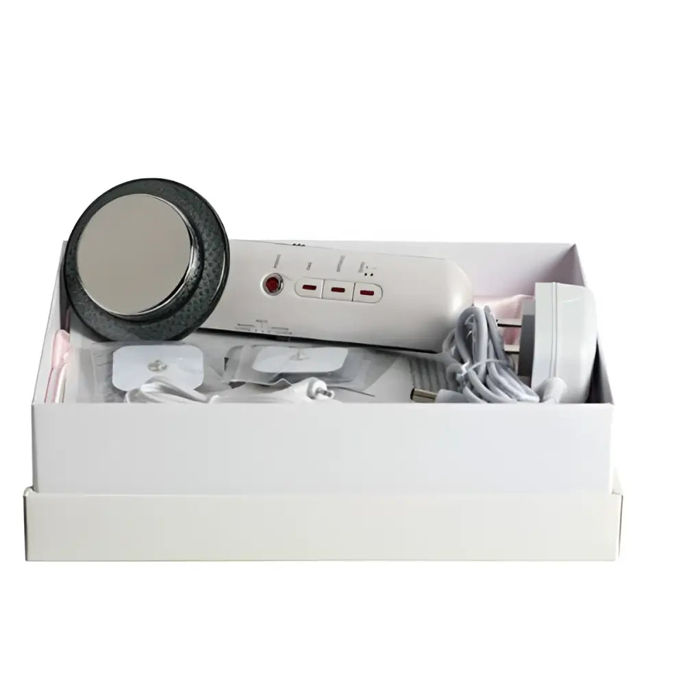 White 3-in-1 ultrasonic massage handheld device with circular black head and red lights using ultrasonic vibration technology reduces fine lines