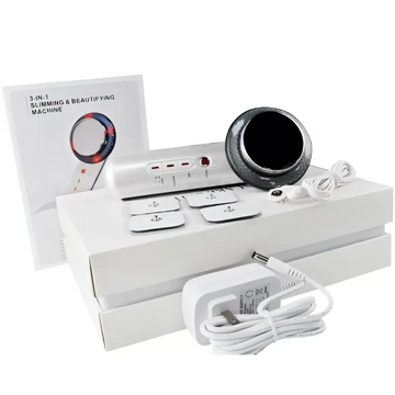 White plastic 3-in-1 ultrasonic massage beauty instrument with ultrasonic vibration technology and four electrode pads reduces fine lines