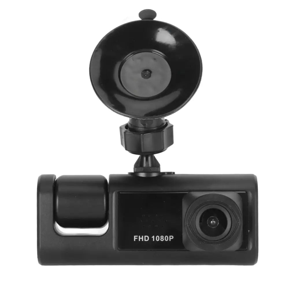 Black plastic 3 lens dash cam with suction cup mount fhd 1080p night vision loop and automatic power features