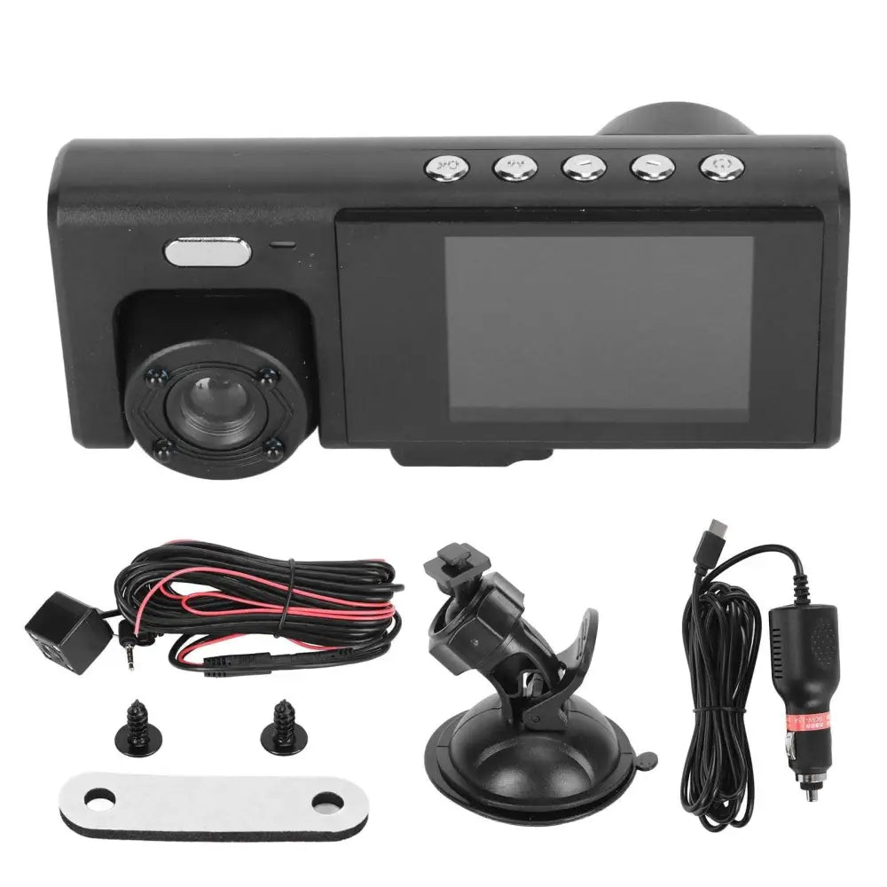 Black 3 lens dash camera with night vision loop recording automatic power and accessories including suction mount cable and wiring harness