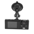 Black plastic 3 lens dash camera with suction cup mount and screen featuring night vision loop and automatic power