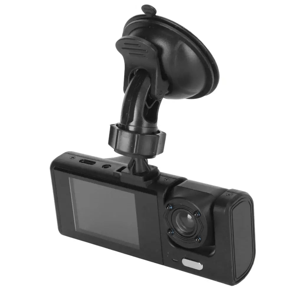 Black plastic 3 lens dash cam with suction cup mount featuring night vision loop and automatic power for vehicle use