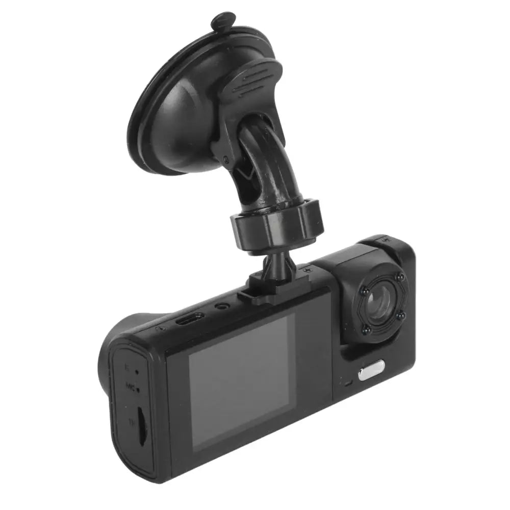 Black plastic 3 lens dash cam with suction cup mount featuring night vision loop and automatic power for vehicles