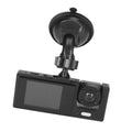 Black plastic 3 lens dash camera with suction cup mount small screen left side featuring night vision loop recording and automatic power