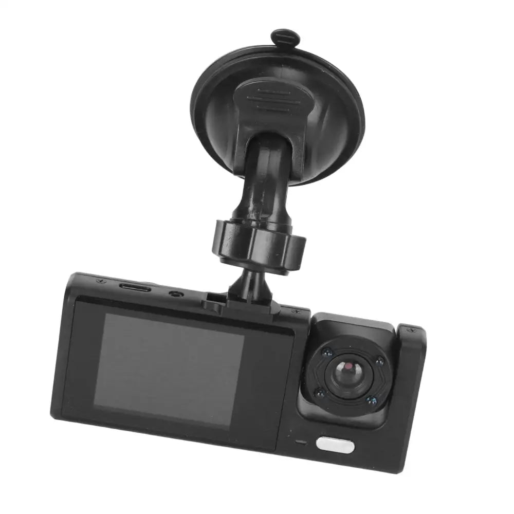 Black plastic 3 lens dash camera with suction cup mount small screen left side featuring night vision loop recording and automatic power