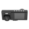 Black plastic 3 lens dash cam with rectangular screen and silver buttons featuring night vision loop recording and automatic power