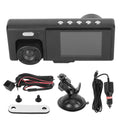 Black 3 lens dash camera with night vision loop recording automatic power and accessories including suction mount cable and wiring harness