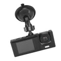 Black plastic 3 lens dash camera with suction cup mount small screen features night vision loop and automatic power