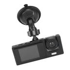 Black plastic 3 lens dash camera with suction cup mount small screen features night vision loop and automatic power