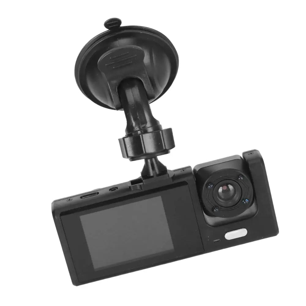 Black plastic 3 lens dash camera with suction cup mount small screen features night vision loop and automatic power