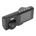 Black plastic 3 lens dash camera with small screen and silver buttons features night vision loop recording and automatic power