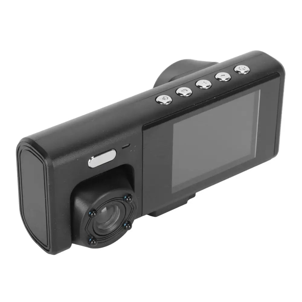 Black plastic 3 lens dash camera with small screen and silver buttons features night vision loop recording and automatic power
