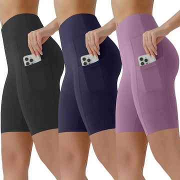 3 pack biker shorts for women in black navy and lavender with high waist and side pockets for smartphone storage