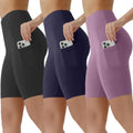 3 pack biker shorts for women in black navy blue and lavender with high waist and side pockets for smartphone storage