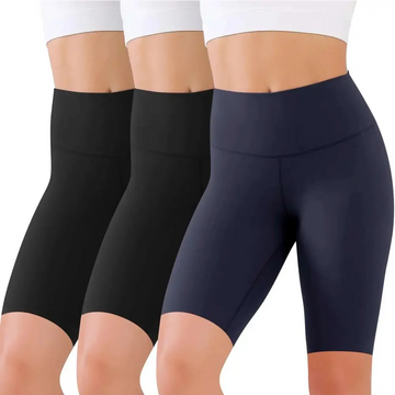 3 pack high waisted tummy control biker shorts in black and navy blue made from stretchy athletic fabric