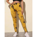 Yellow tie dye high waist seamless leggings with black abstract splatter design and butt lift feature