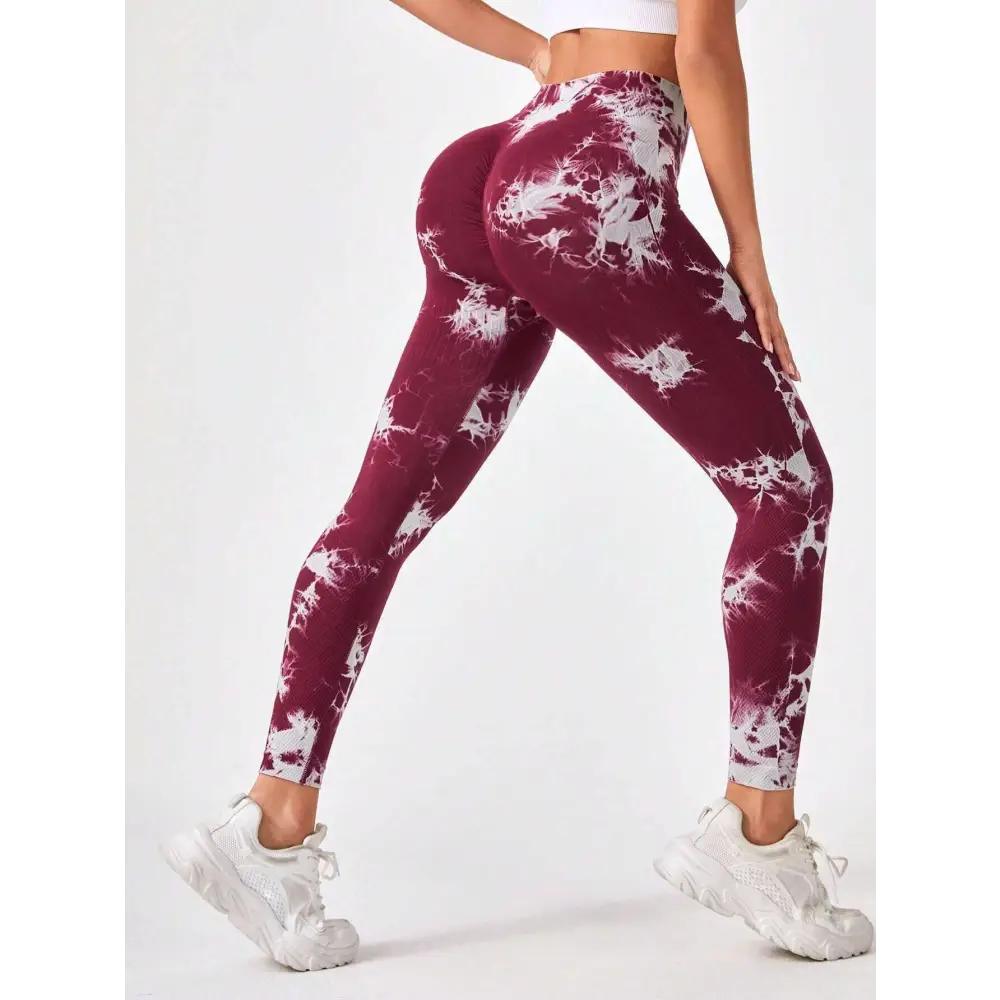 Maroon and white tie dye high waist seamless leggings with butt lift effect and snug form fitting design