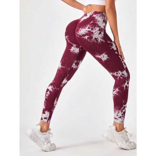 Maroon and white tie dye high waist seamless leggings with butt lift effect and snug form fitting design