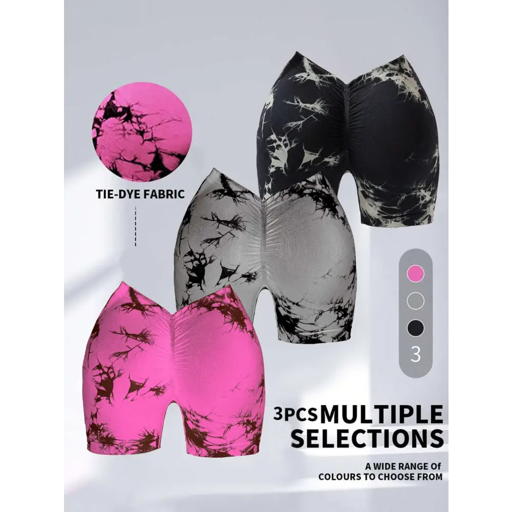 Pink and black pack tie dye high waisted workout shorts with snug butt lift design for activewear use