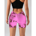 Pink tie dye high waisted workout shorts with dark brown abstract design for butt lift in 3 pack tie dye set