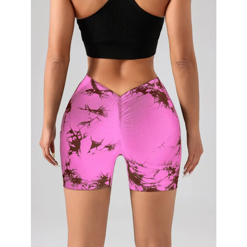 Pink tie dye high waisted workout shorts with dark brown abstract design for butt lift in 3 pack tie dye set