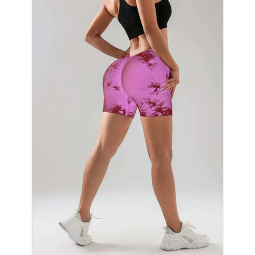 Pink tie dye high waisted workout shorts with butt lift feature from the 3 pack tie dye collection