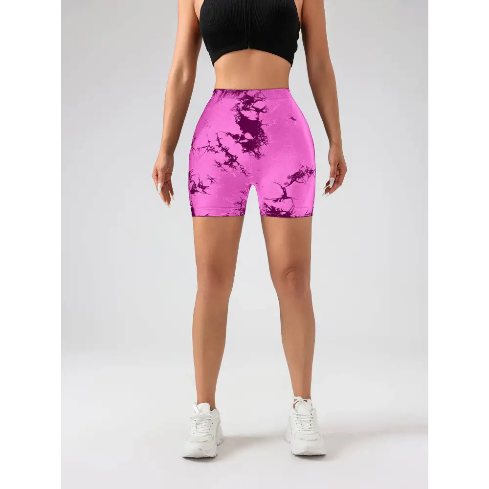 Vibrant pink and black pack tie dye high waisted workout shorts designed with butt lift for enhanced shape
