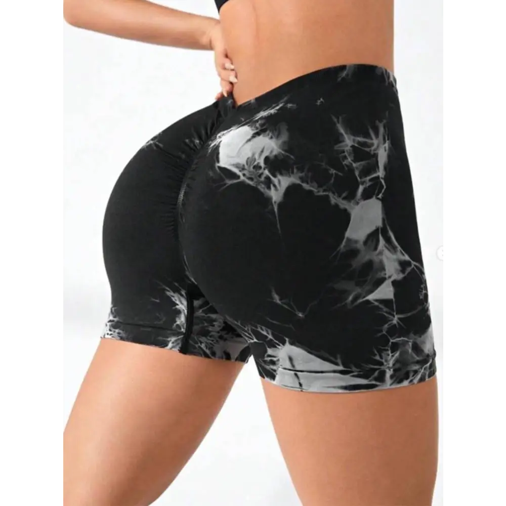 Black and white marble-patterned high waisted workout shorts with stretchy butt lift design from 3 pack tie dye set