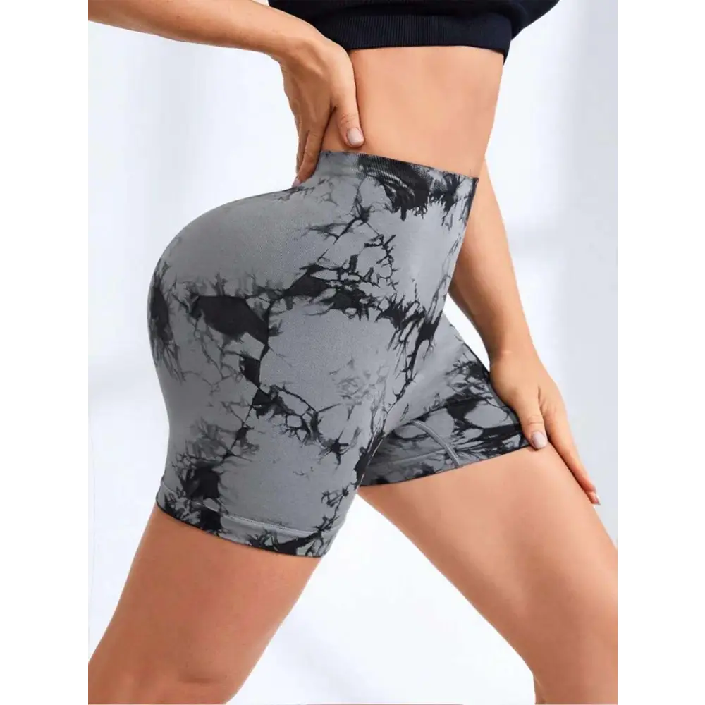 Gray and black pack tie dye high waisted workout shorts with snug butt lift fit for activewear use