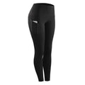 Black high-waisted women compression skinny leggings with sleek design and side pocket for fitness use