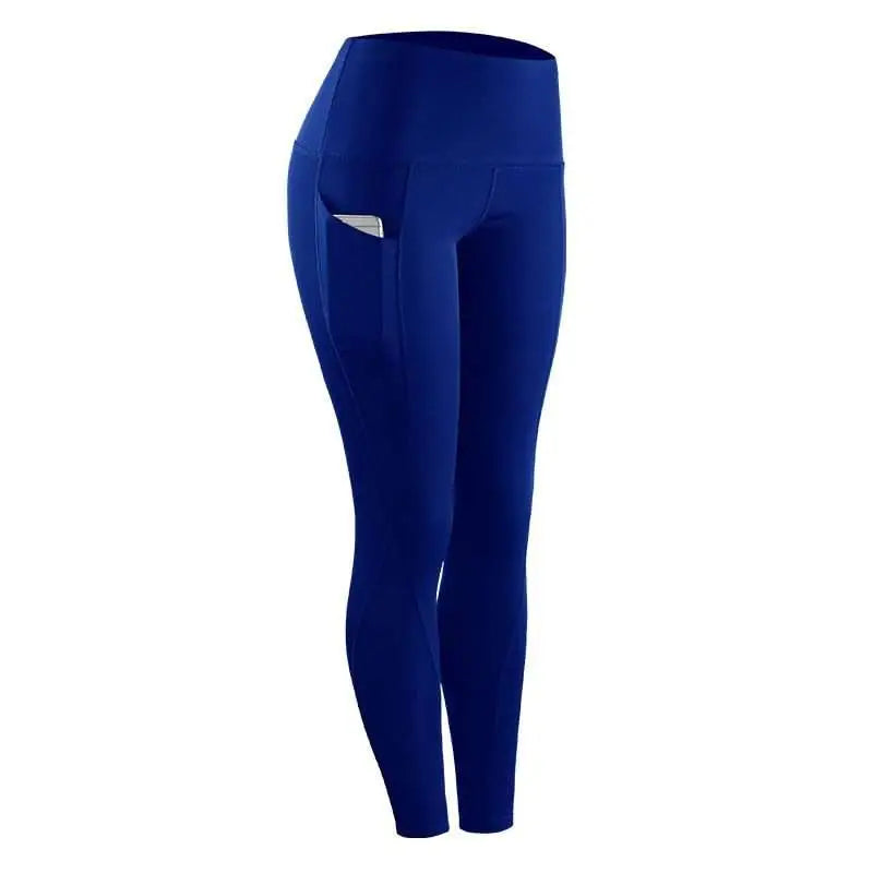 Royal blue women compression skinny leggings with high waist sleek design and convenient side pocket for fitness use