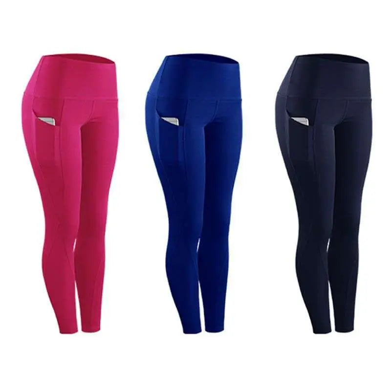 Three pairs of high-waisted women compression skinny leggings in pink blue and navy with side pockets and white trim