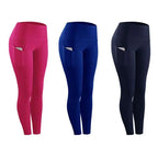 Three pairs of high-waisted women compression skinny leggings in pink blue and navy with side pockets and white trim