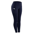 Navy blue women compression skinny leggings with high waist, side pocket, and seamless design for fitness use