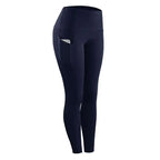 Navy blue women compression skinny leggings with high waist, side pocket, and seamless design for fitness use