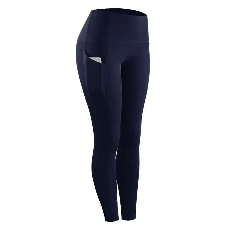 Navy blue women compression skinny leggings with high waist, side pocket, and seamless design for fitness use