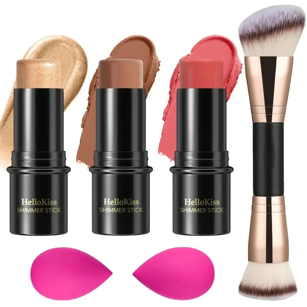 Three hellokiss shimmer contour sticks in gold brown and coral shades with black double-ended makeup cases
