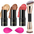 Three hellokiss shimmer contour sticks in gold brown and coral with black double-ended makeup cases for contouring