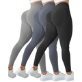 Three pairs of high waisted butt lifting scrunch seam leggings in gray slate blue and black for workout use
