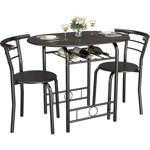 Black metal 3 piece dining chair set with oval table and built-in wine rack shelf in lower section