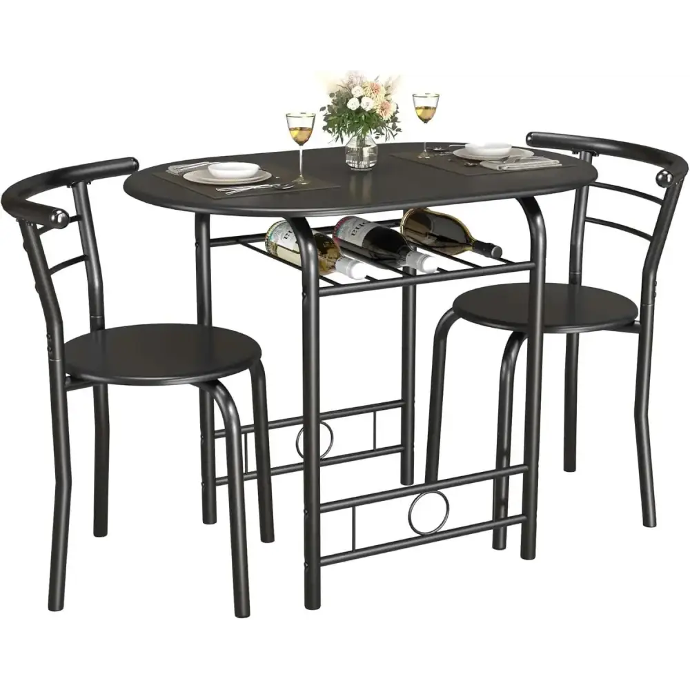 Black metal 3 piece dining chair set with oval table and built-in wine rack shelf in lower section