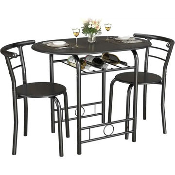 Black metal 3 piece dining chair set with oval table and built-in wine rack shelf in lower section