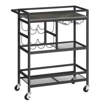 Black metal 3 tier serving cart with dark wood top wine rack and wire mesh shelves with glass holders