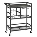 Black metal 3 tier serving cart with dark wood top featuring wine rack and glass holders for elegant storage